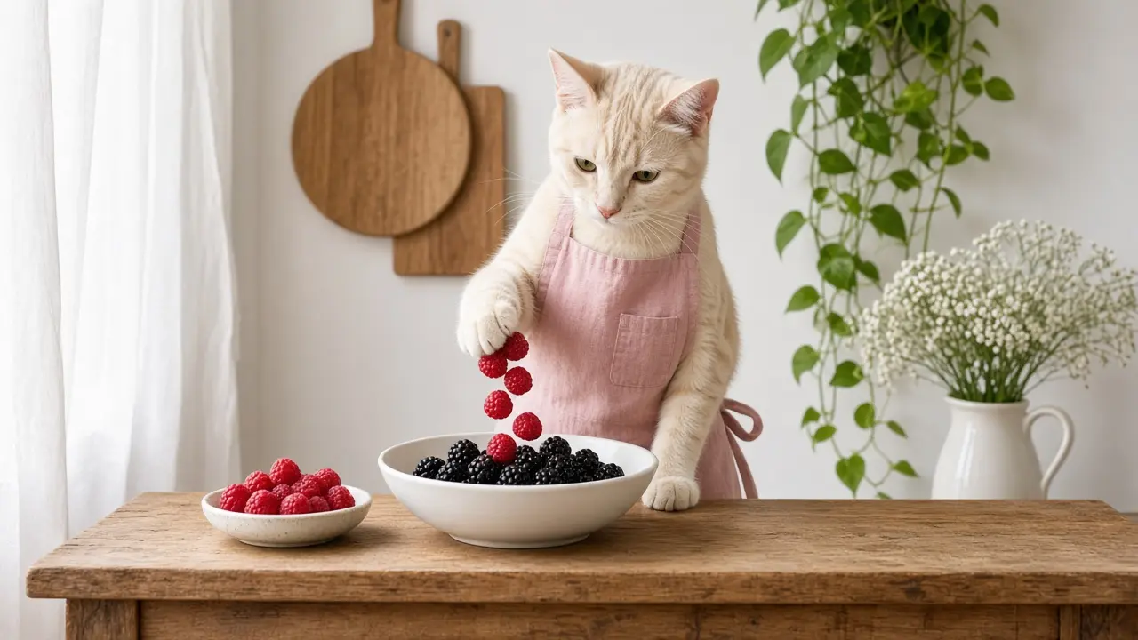 A cream-coloured cat in a pink apron, cooking this dish