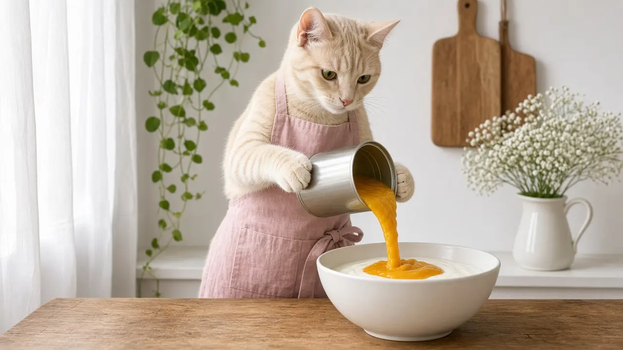 A cream-coloured cat in a pink apron, cooking this dish