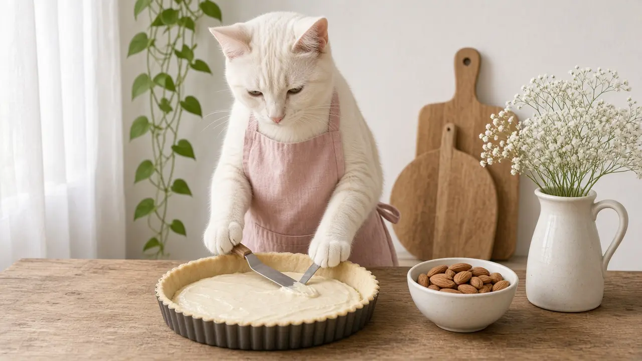 A cream-coloured cat in a pink apron, cooking this dish