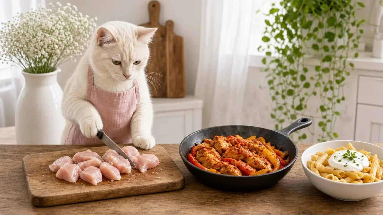 A cream-coloured cat in a pink apron, cooking this dish