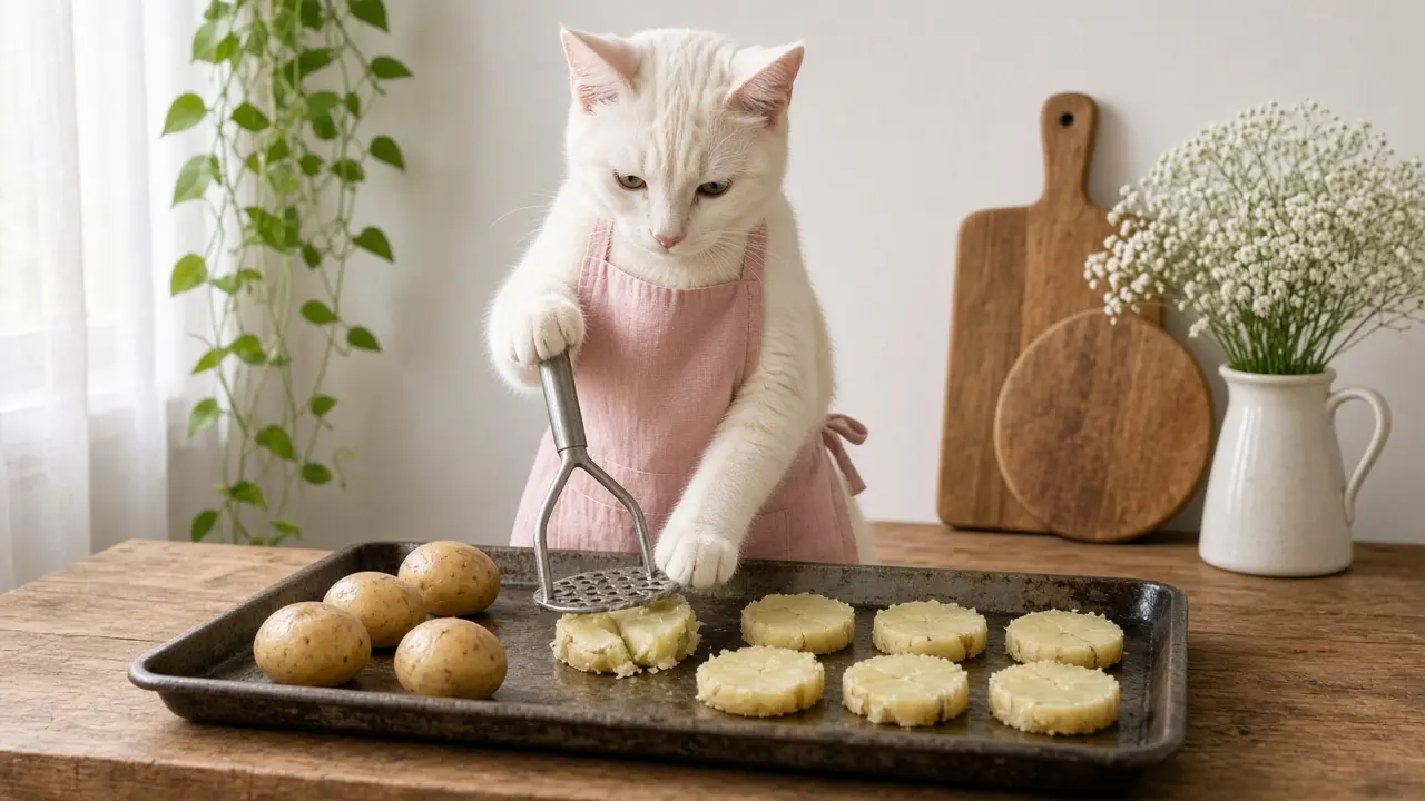 A cream-coloured cat in a pink apron, cooking this dish