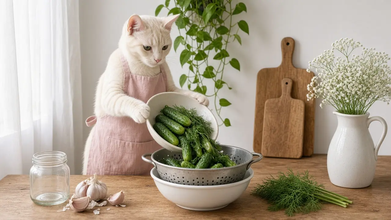 A cream-coloured cat in a pink apron, cooking this dish