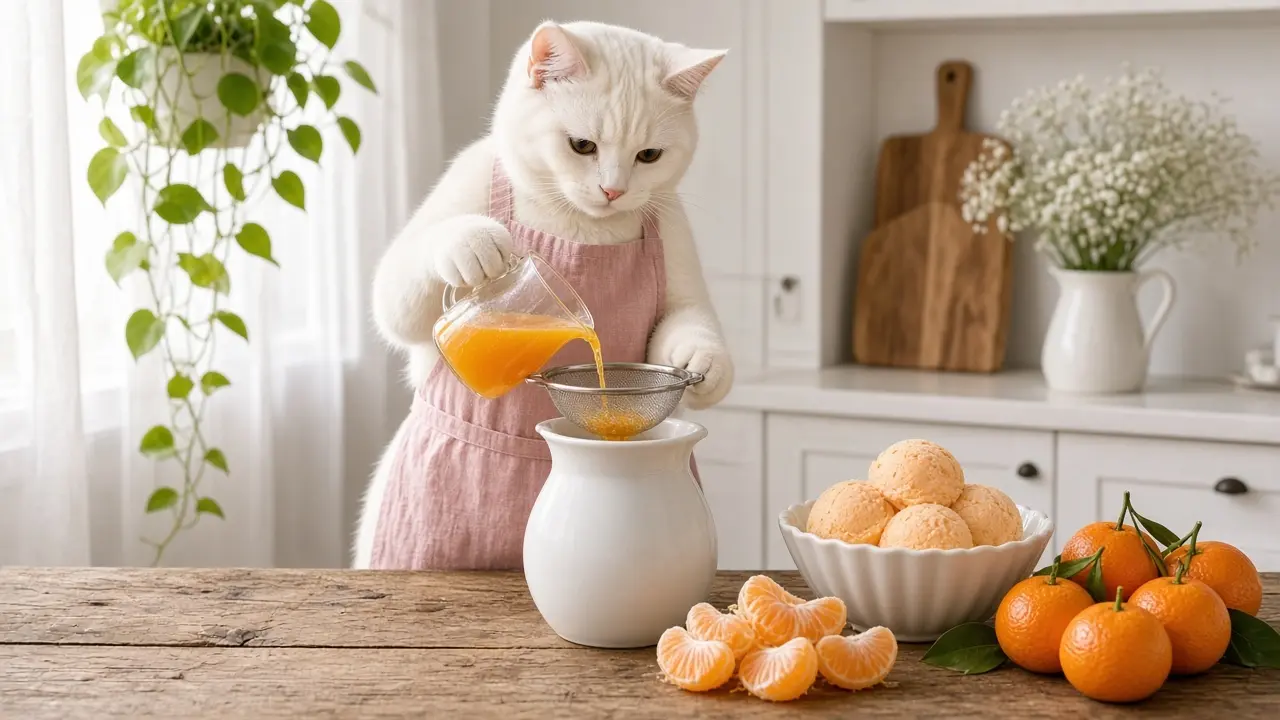 A cream-coloured cat in a pink apron, cooking this dish