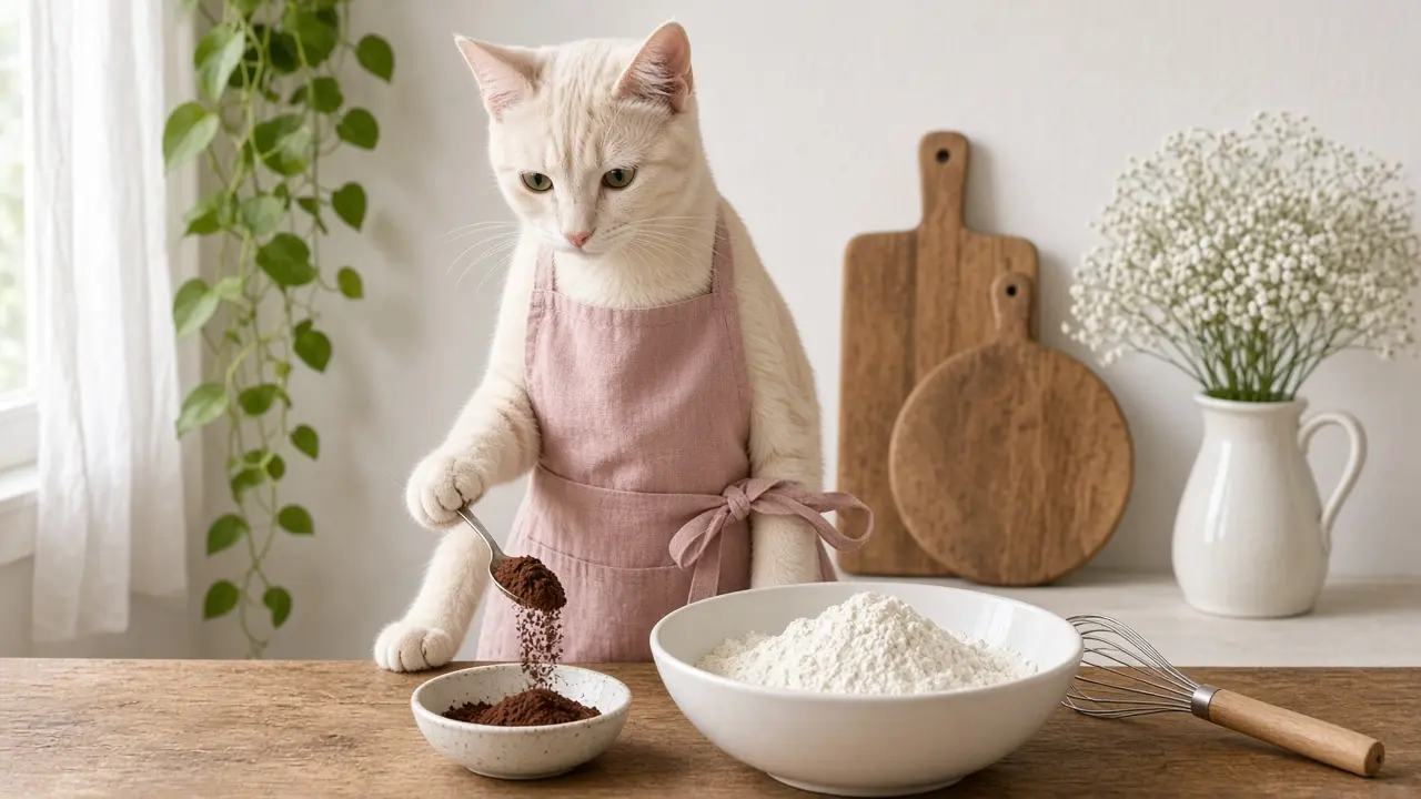 A cream-coloured cat in a pink apron, cooking this dish