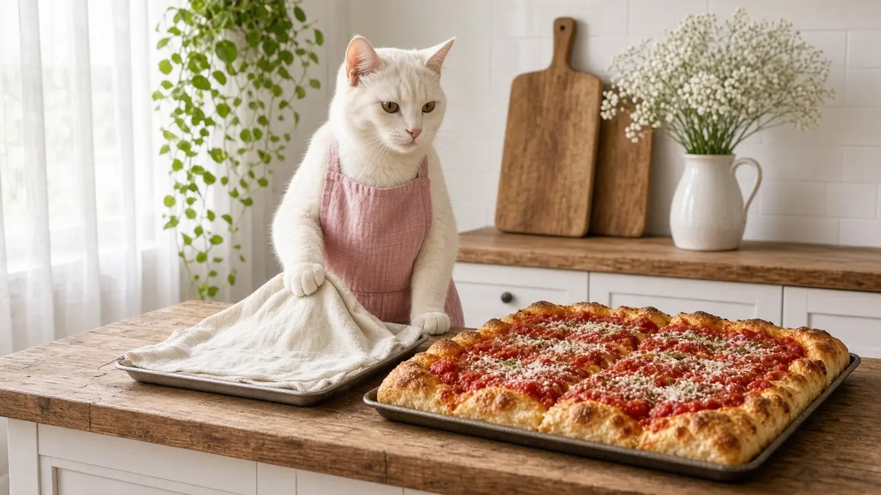 A cream-coloured cat in a pink apron, cooking this dish