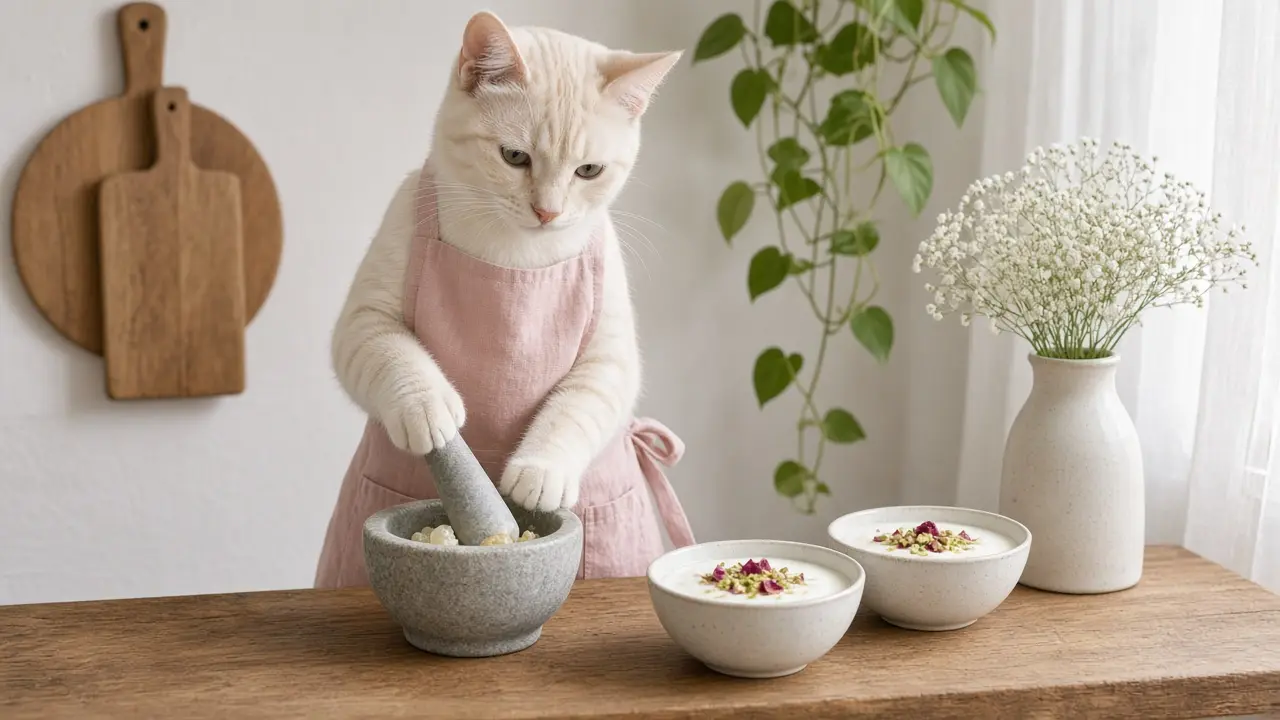 A cream-coloured cat in a pink apron, cooking this dish
