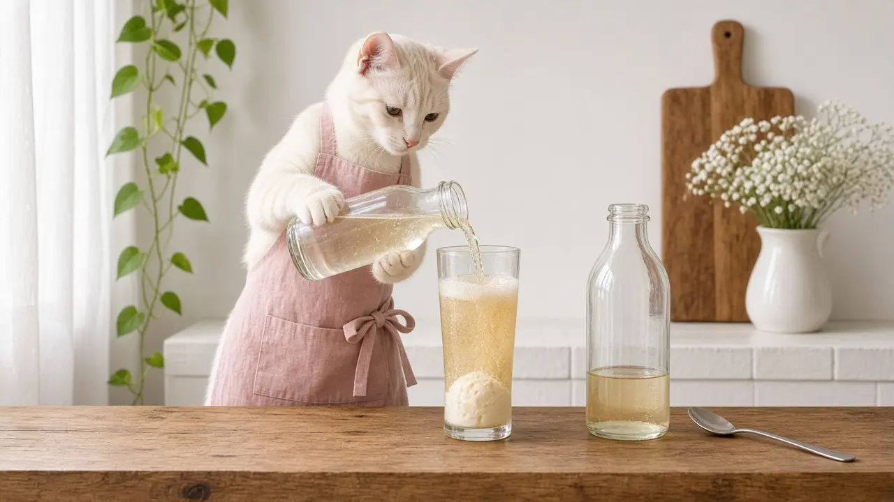 A cream-coloured cat in a pink apron, cooking this dish