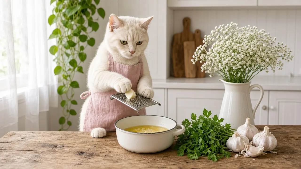 A cream-coloured cat in a pink apron, cooking this dish
