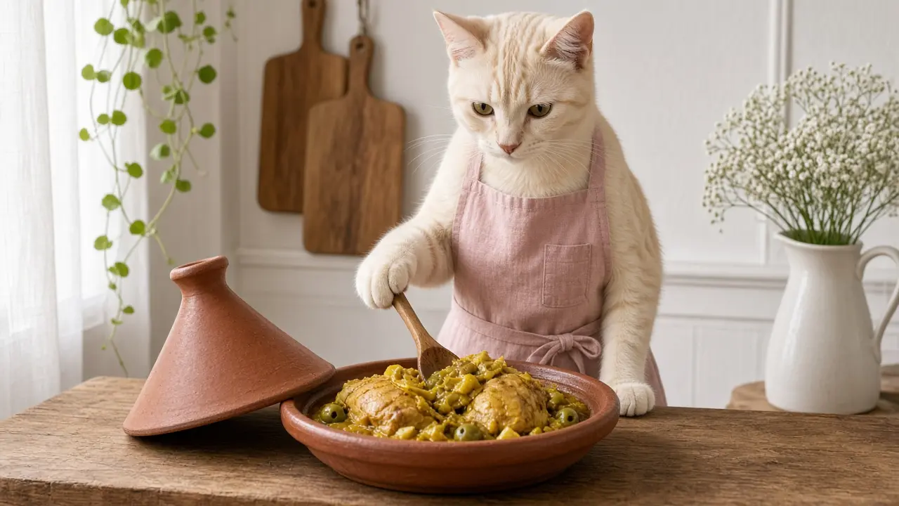 A cream-coloured cat in a pink apron, cooking this dish