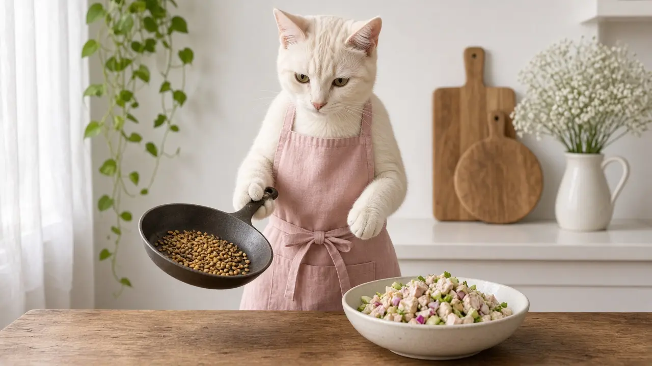 A cream-coloured cat in a pink apron, cooking this dish