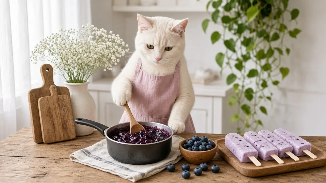 A cream-coloured cat in a pink apron, cooking this dish