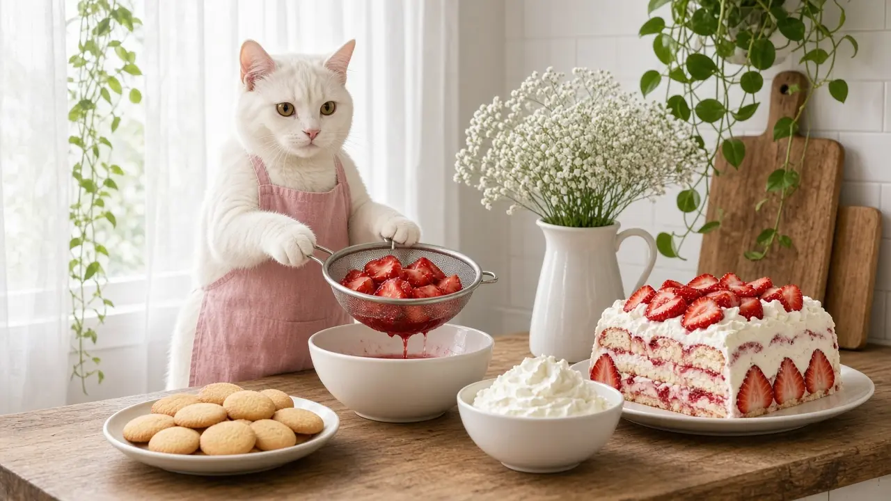 A cream-coloured cat in a pink apron, cooking this dish