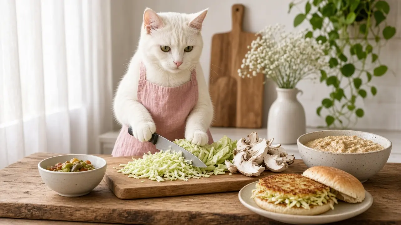 A cream-coloured cat in a pink apron, cooking this dish