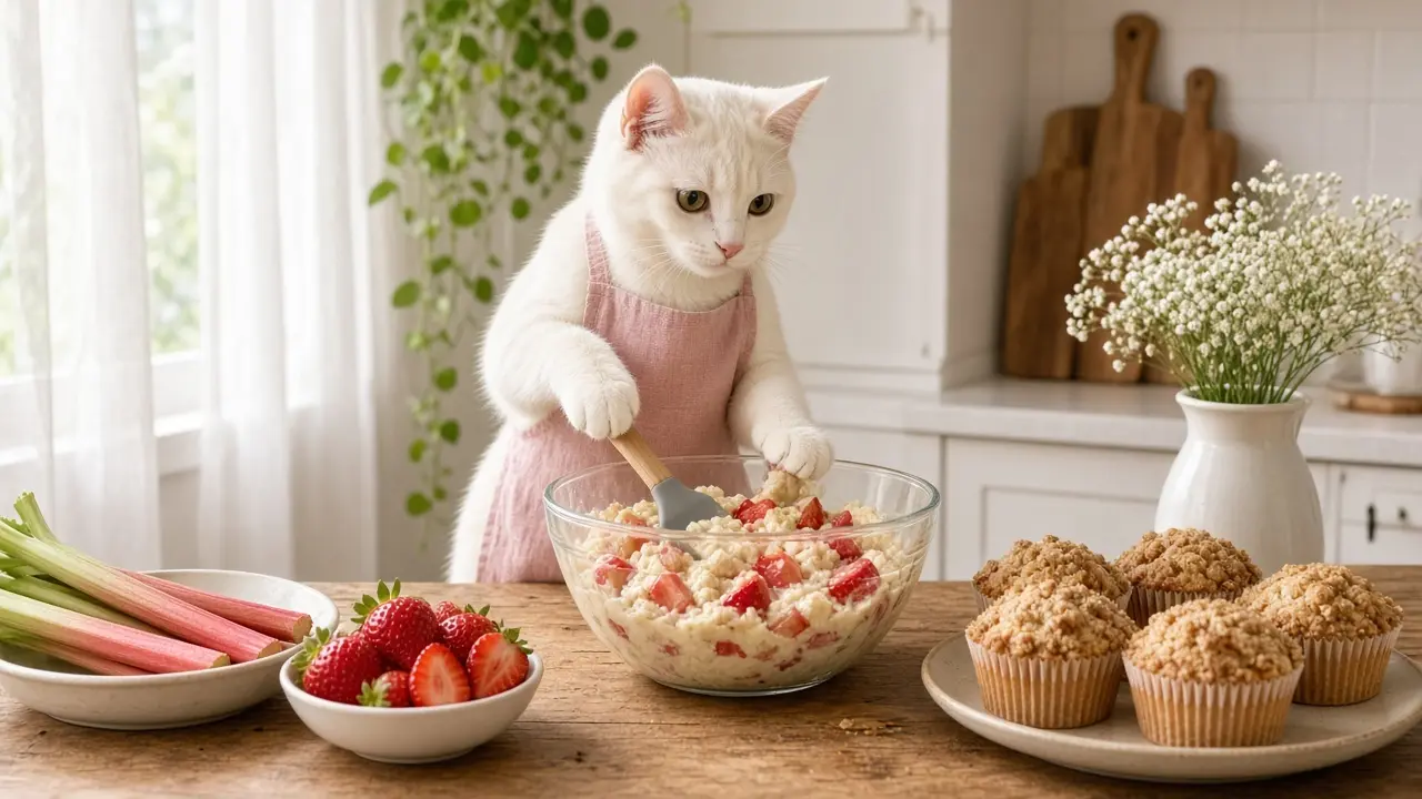A cream-coloured cat in a pink apron, cooking this dish