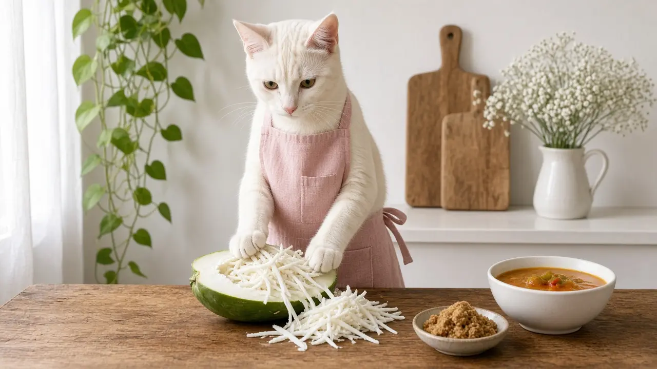 A cream-coloured cat in a pink apron, cooking this dish