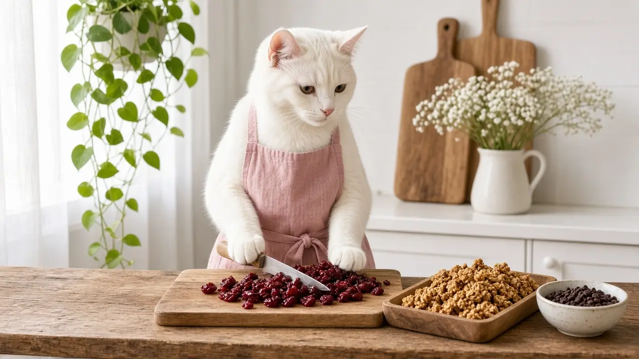 A cream-coloured cat in a pink apron, cooking this dish