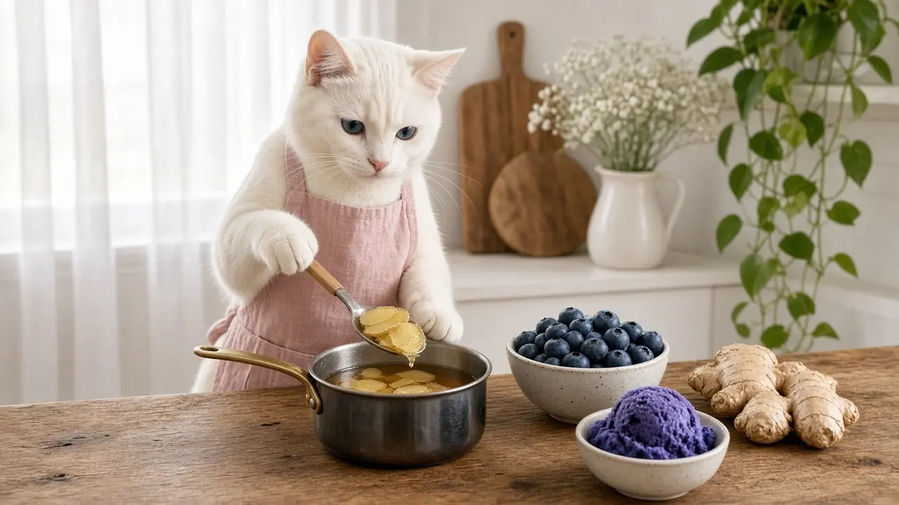 A cream-coloured cat in a pink apron, cooking this dish