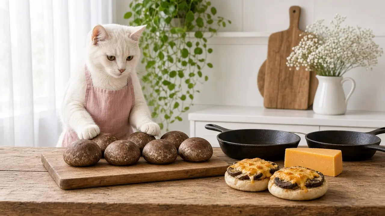 A cream-coloured cat in a pink apron, cooking this dish