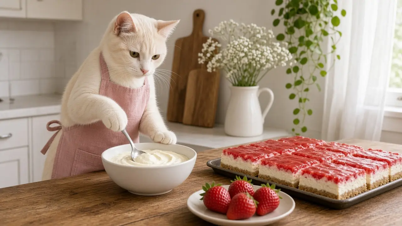 A cream-coloured cat in a pink apron, cooking this dish