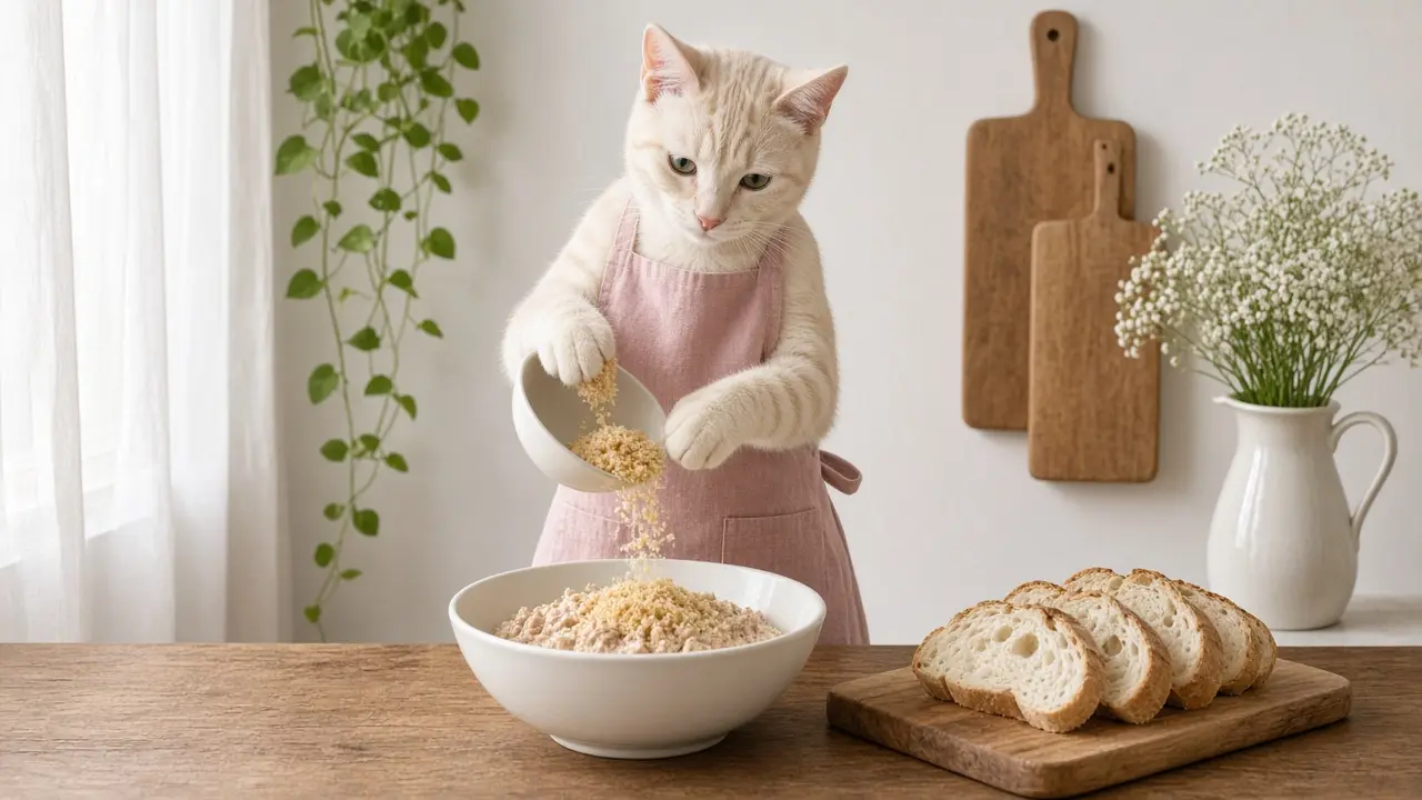 A cream-coloured cat in a pink apron, cooking this dish