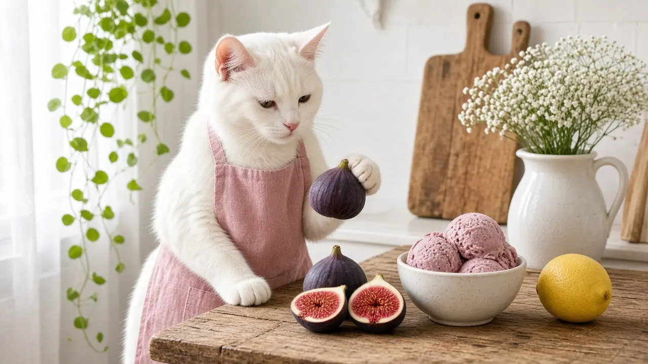 A cream-coloured cat in a pink apron, cooking this dish
