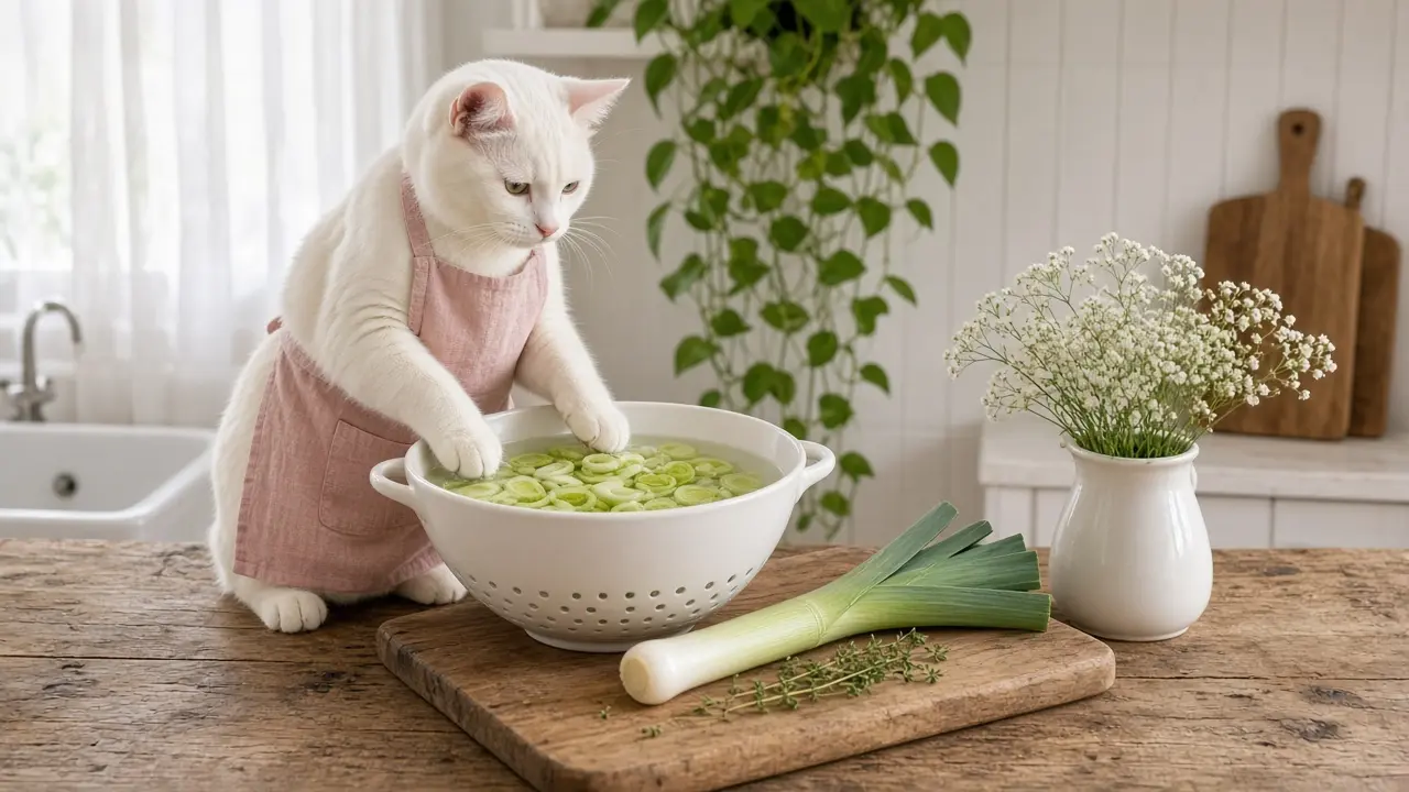 A cream-coloured cat in a pink apron, cooking this dish