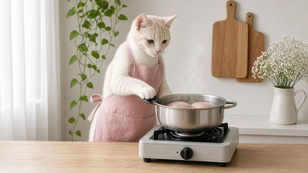 A cream-coloured cat in a pink apron, cooking this dish
