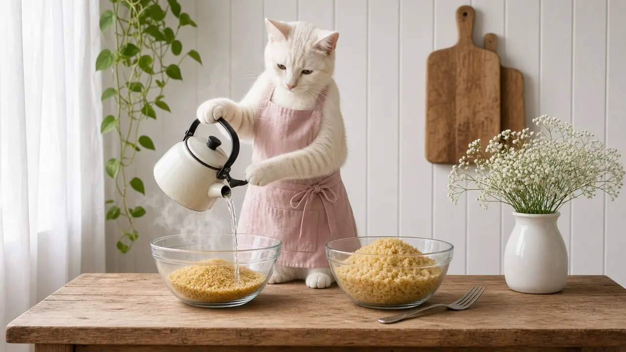 A cream-coloured cat in a pink apron, cooking this dish
