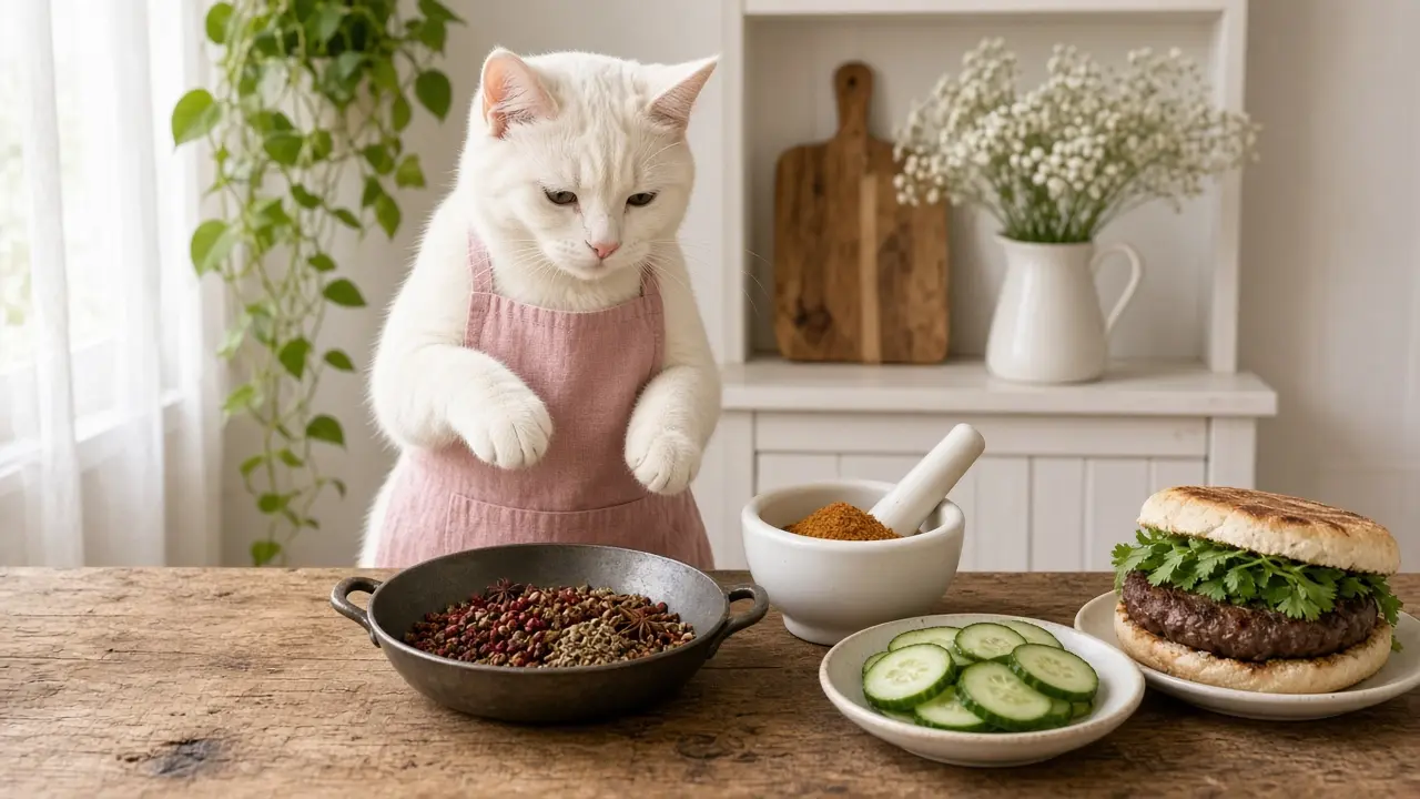 A cream-coloured cat in a pink apron, cooking this dish