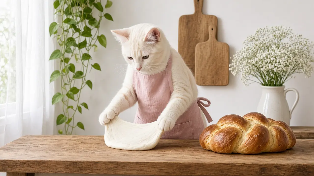 A cream-coloured cat in a pink apron, cooking this dish