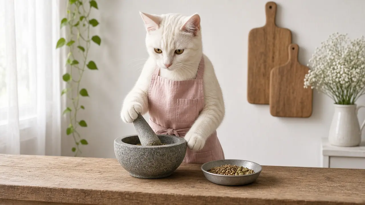 A cream-coloured cat in a pink apron, cooking this dish