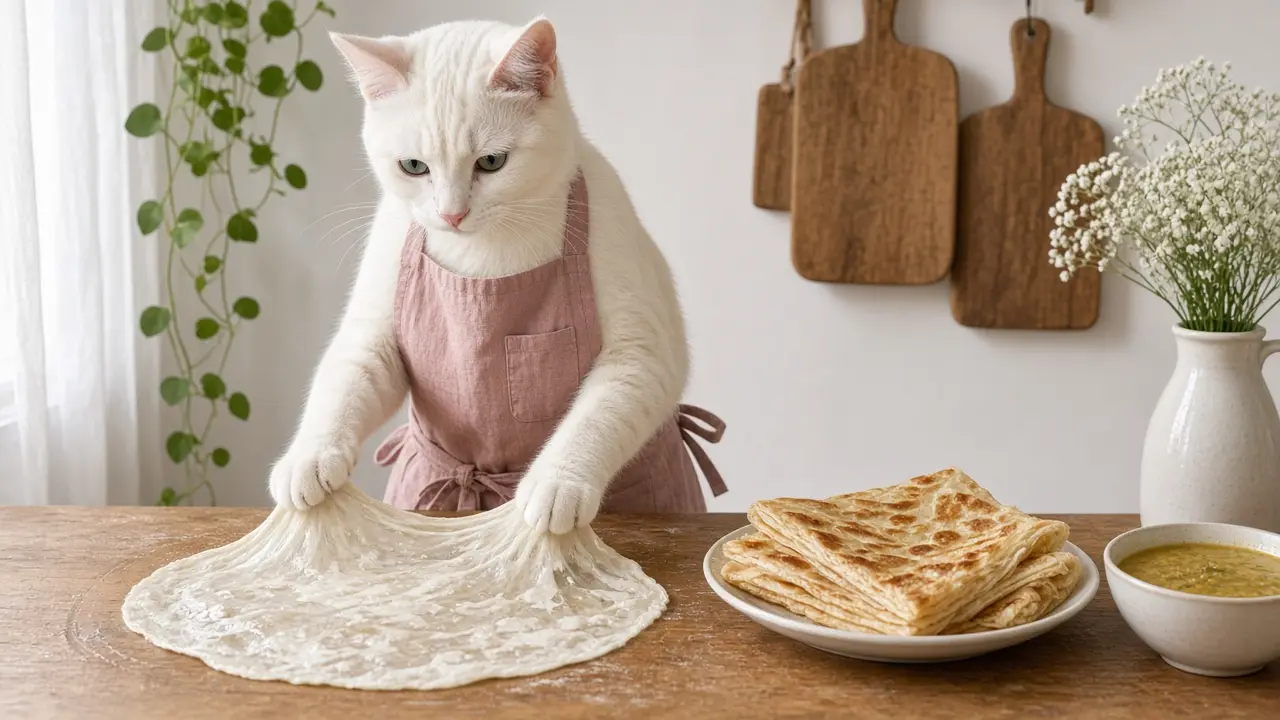 A cream-coloured cat in a pink apron, cooking this dish