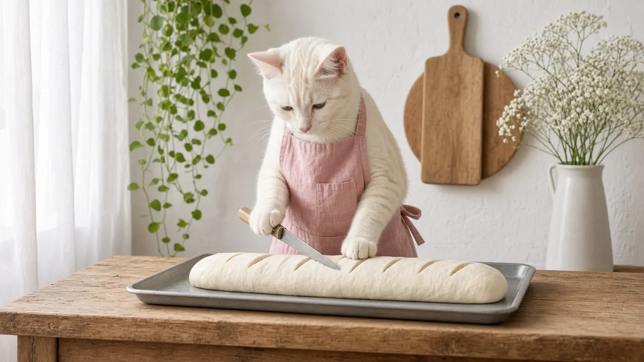 A cream-coloured cat in a pink apron, cooking this dish