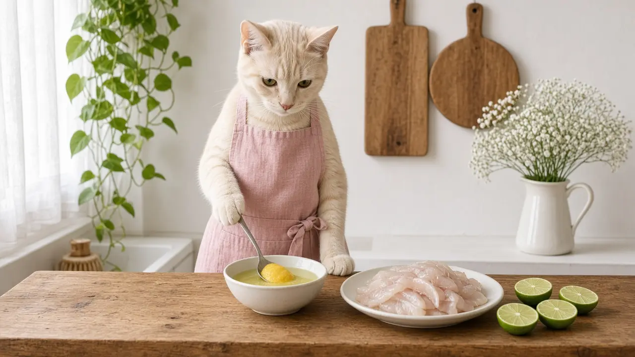 A cream-coloured cat in a pink apron, cooking this dish