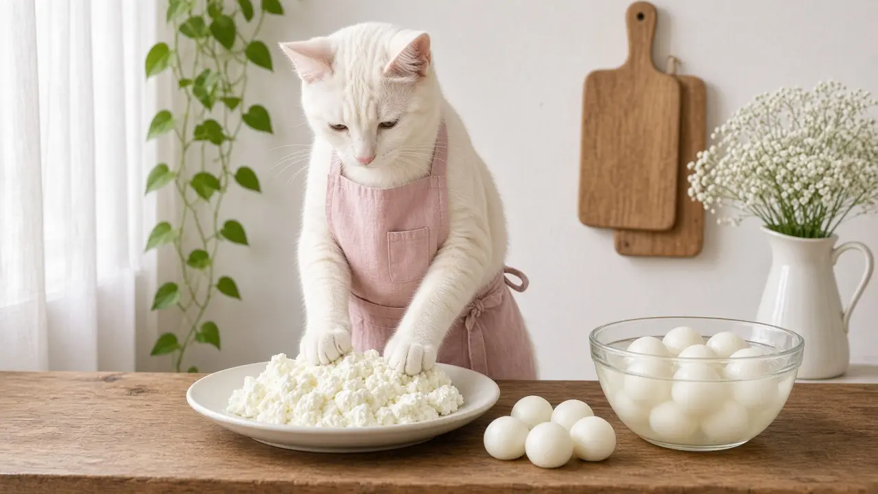 A cream-coloured cat in a pink apron, cooking this dish