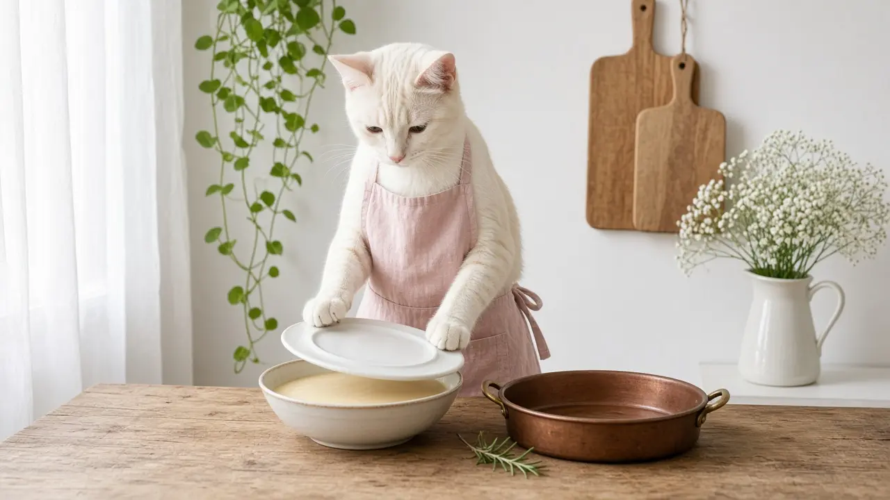 A cream-coloured cat in a pink apron, cooking this dish