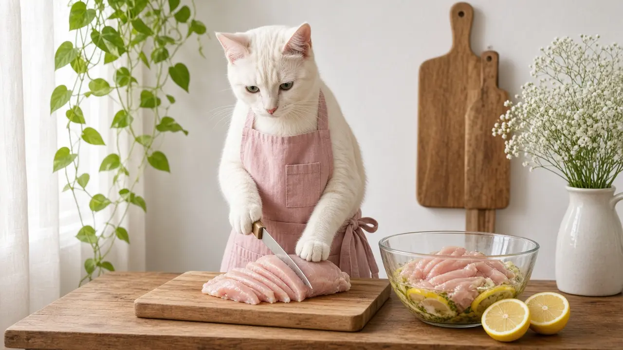 A cream-coloured cat in a pink apron, cooking this dish