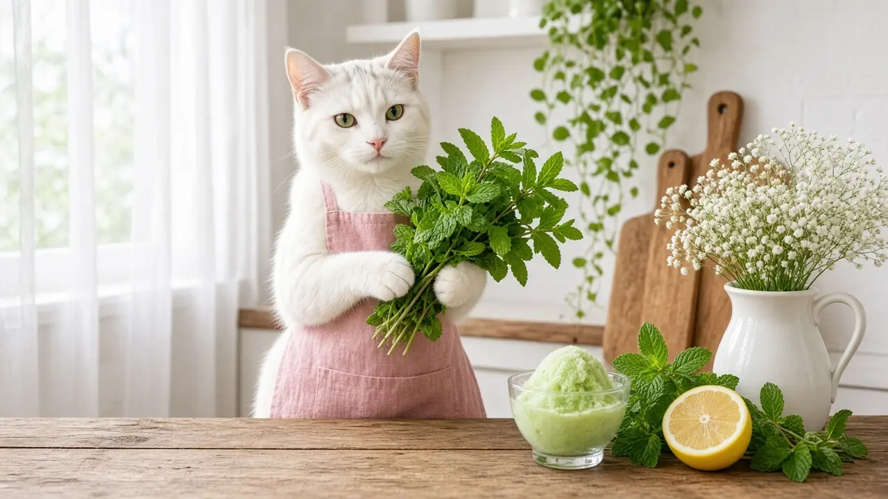 A cream-coloured cat in a pink apron, cooking this dish