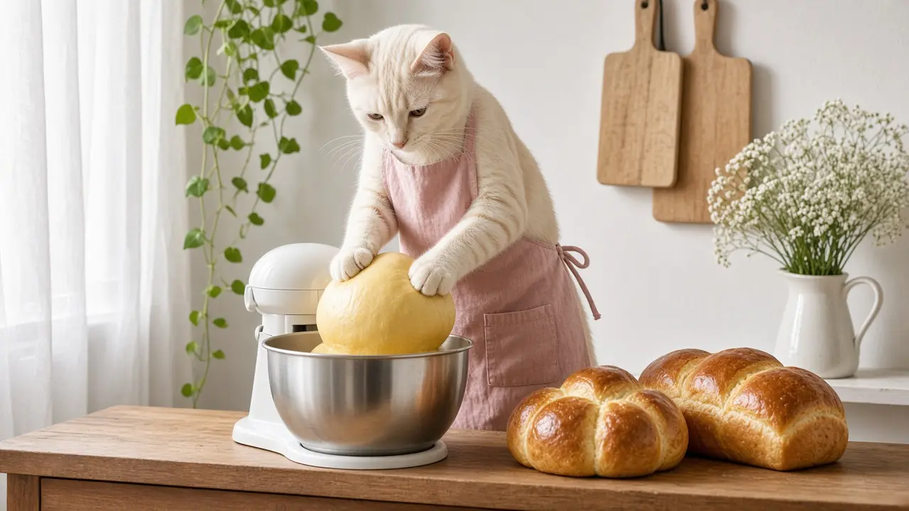 A cream-coloured cat in a pink apron, cooking this dish