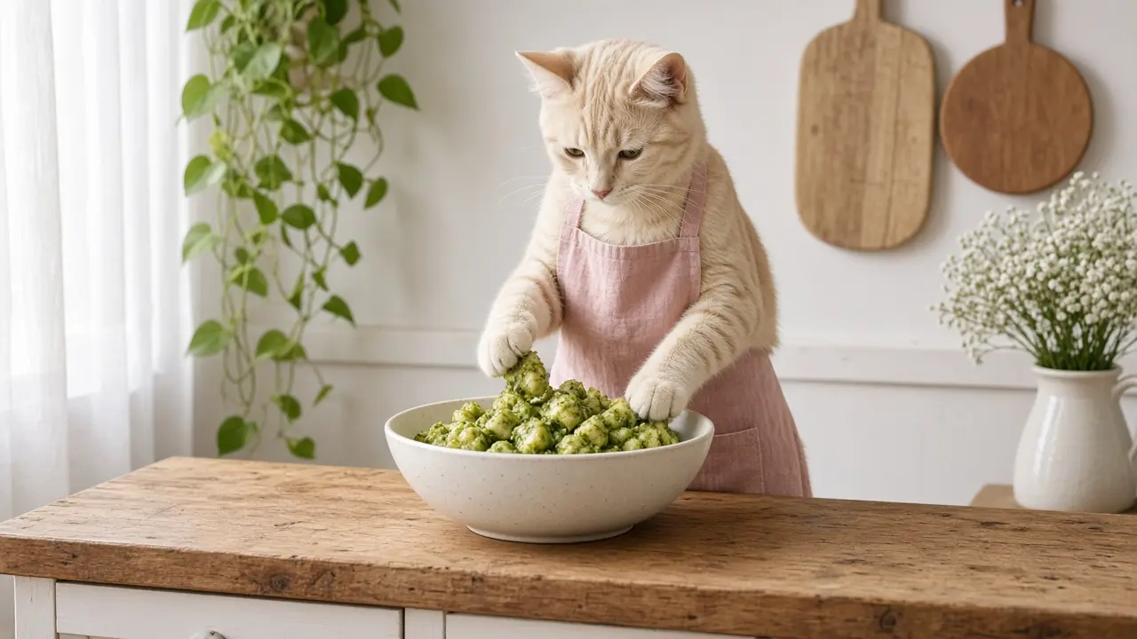 A cream-coloured cat in a pink apron, cooking this dish