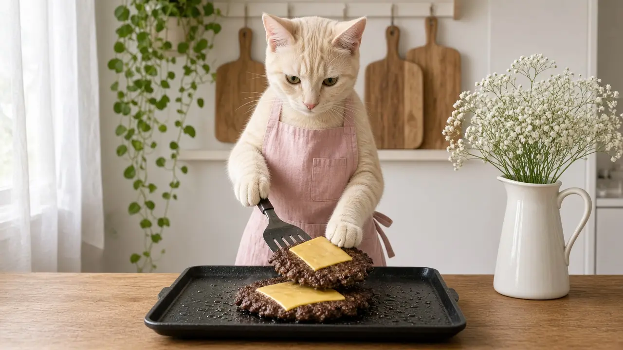 A cream-coloured cat in a pink apron, cooking this dish