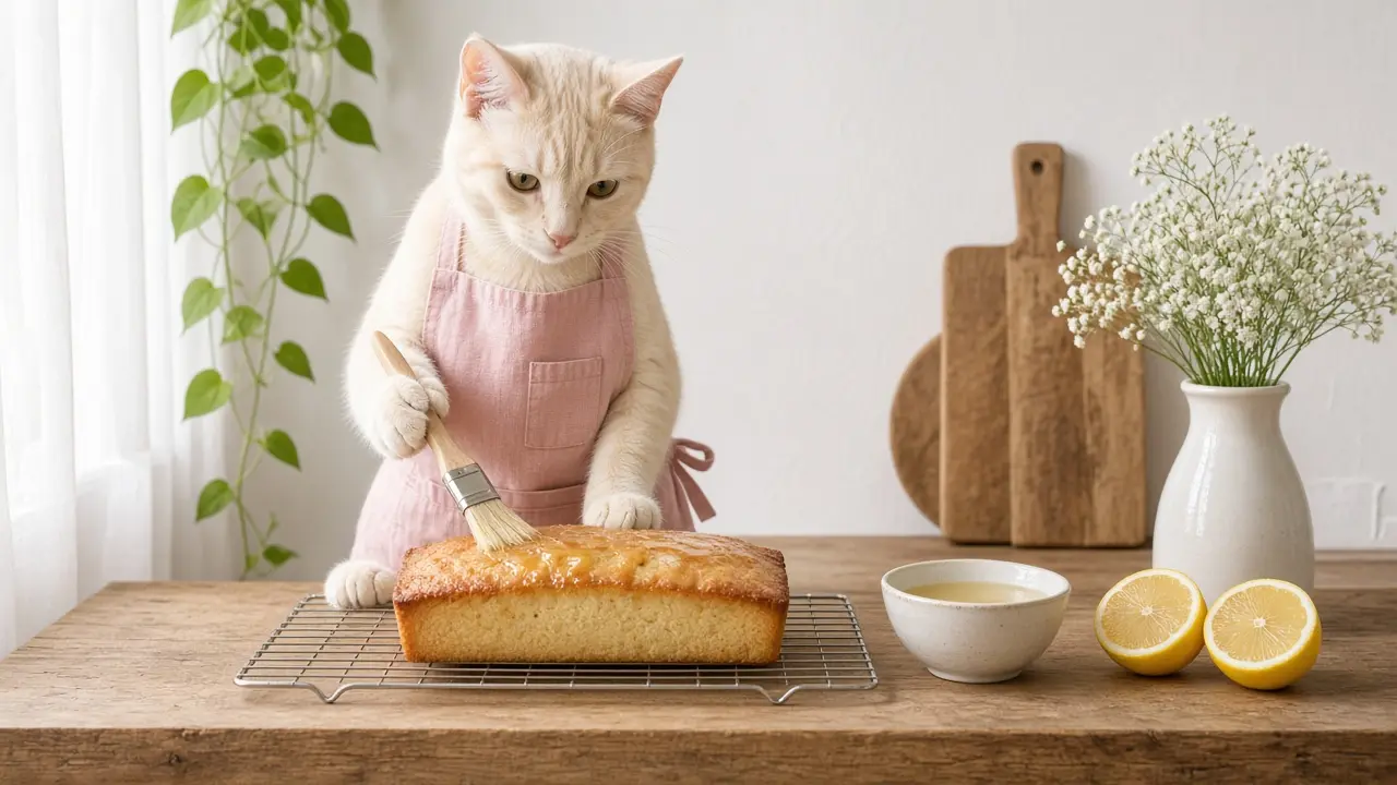 A cream-coloured cat in a pink apron, cooking this dish