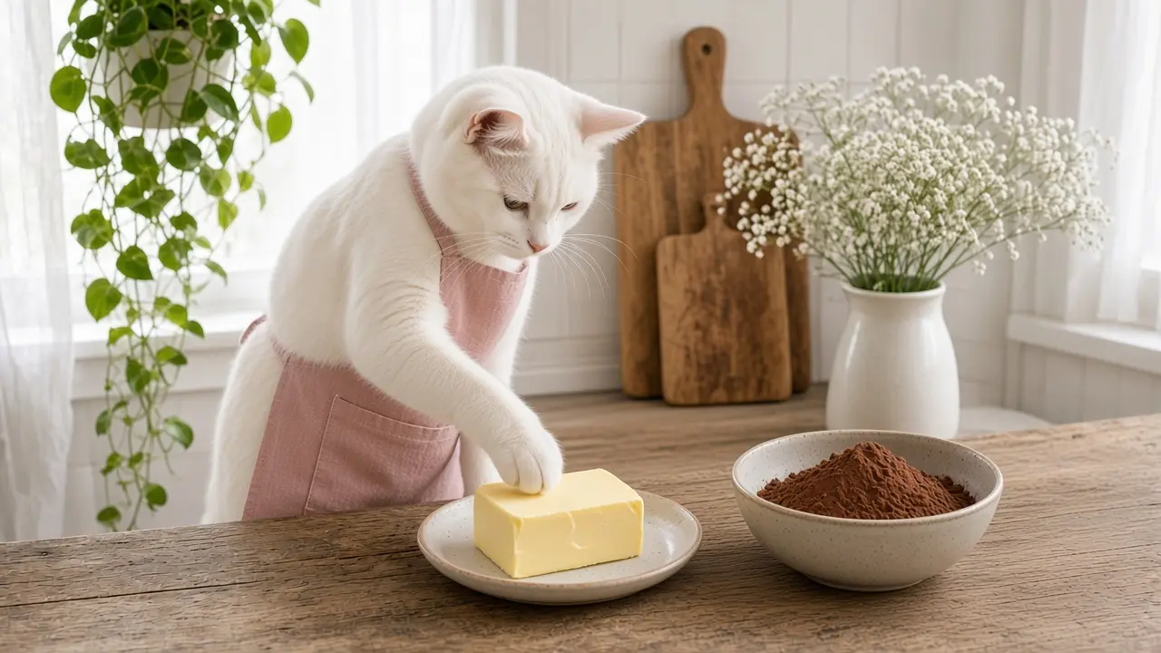 A cream-coloured cat in a pink apron, cooking this dish