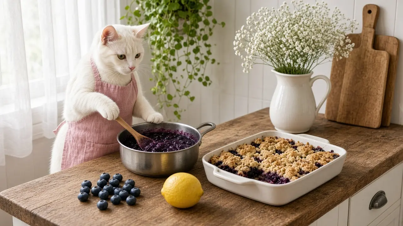 A cream-coloured cat in a pink apron, cooking this dish