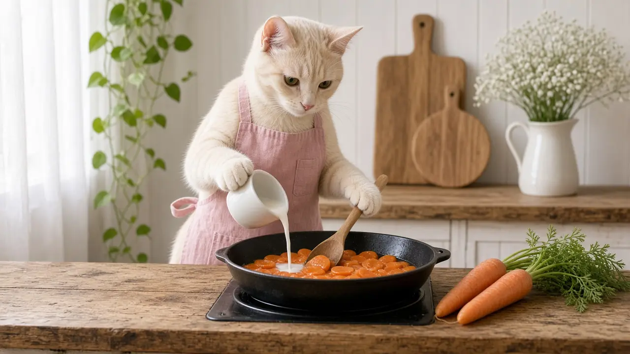 A cream-coloured cat in a pink apron, cooking this dish