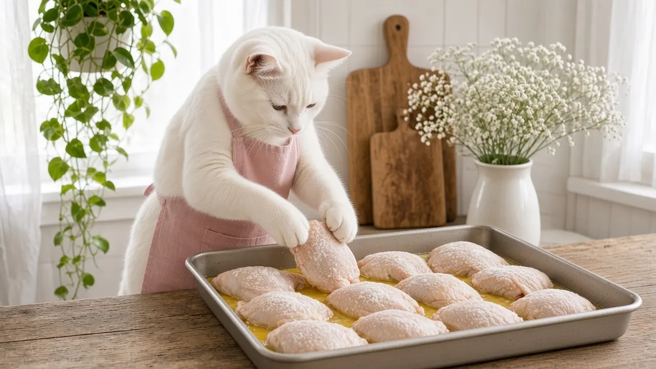 A cream-coloured cat in a pink apron, cooking this dish