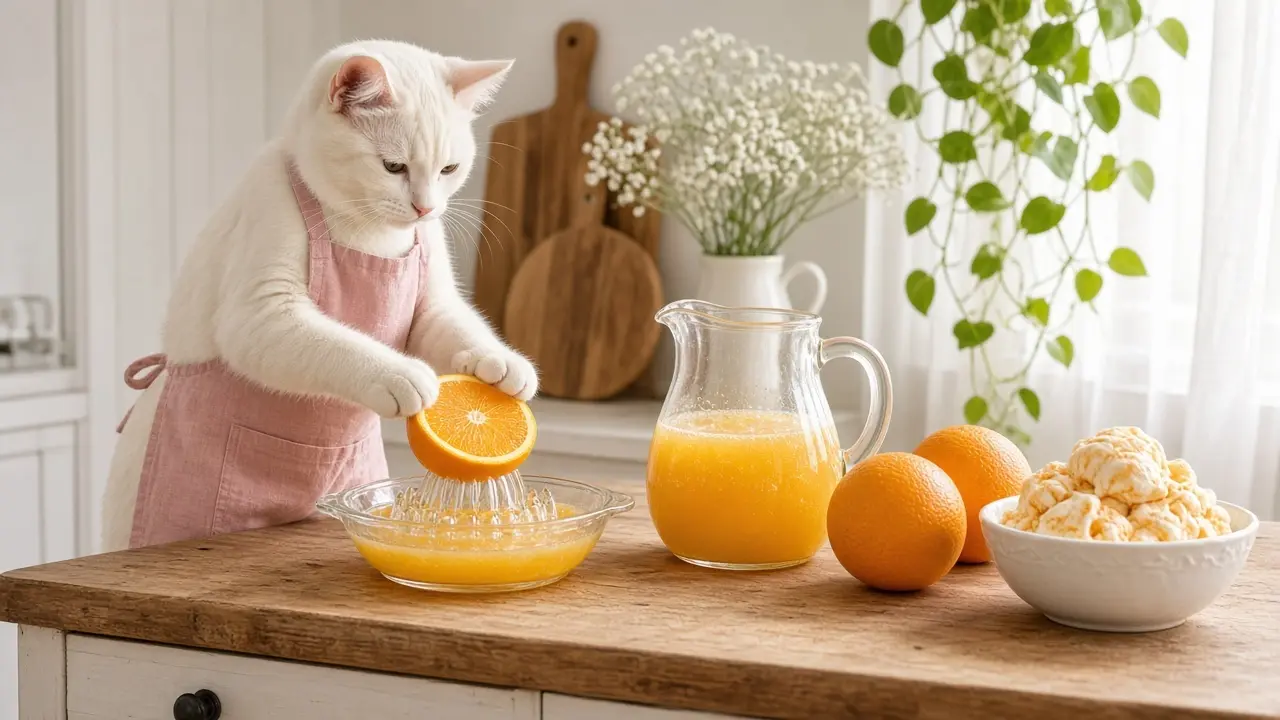 A cream-coloured cat in a pink apron, cooking this dish
