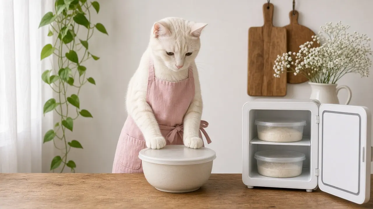 A cream-coloured cat in a pink apron, cooking this dish