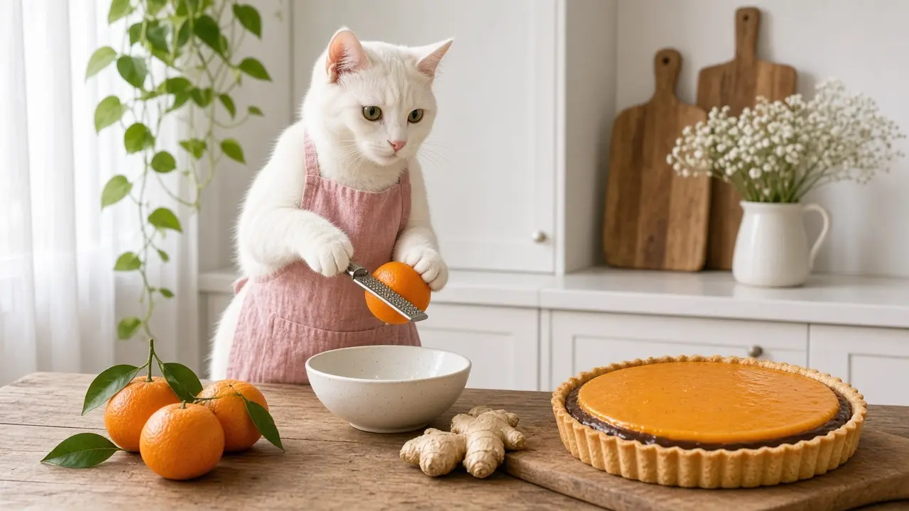 A cream-coloured cat in a pink apron, cooking this dish