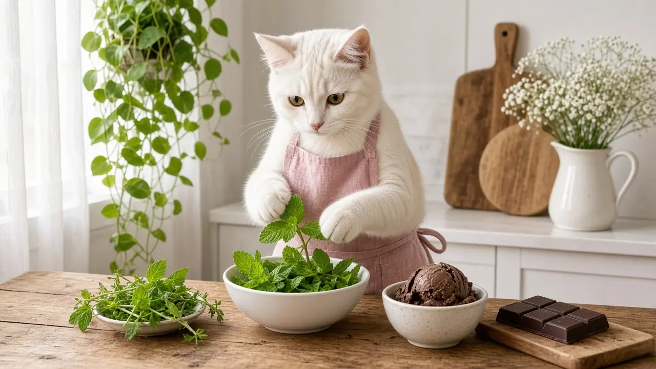 A cream-coloured cat in a pink apron, cooking this dish